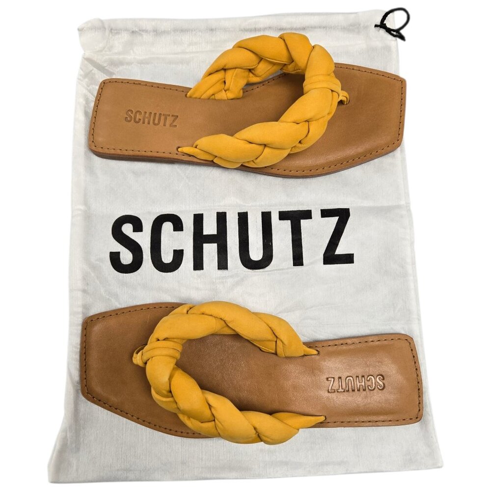 SCHUTZ Cicely Braided Leather Thong Sandals Square Toe and Heel Yellow Size 8